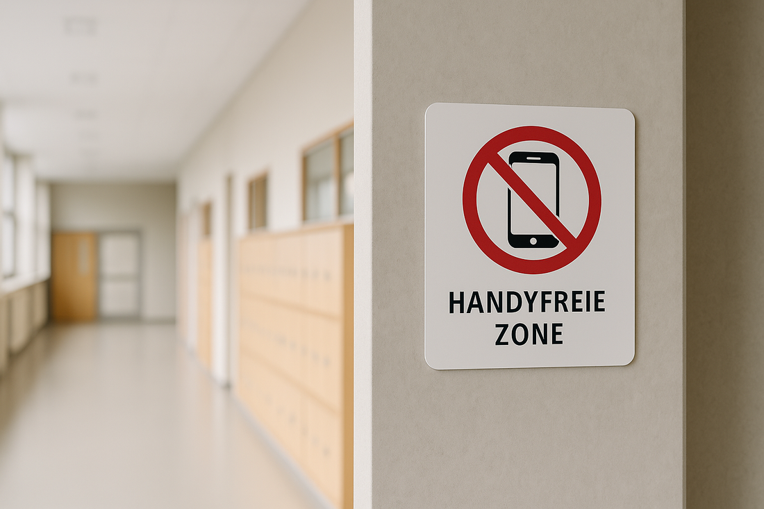 Schild im hellen Flur mit der Info zur handyfreien Zone in einer Schule