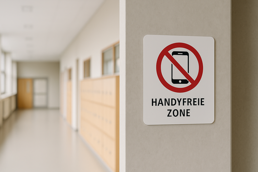 Schild im hellen Flur mit der Info zur handyfreien Zone in einer Schule